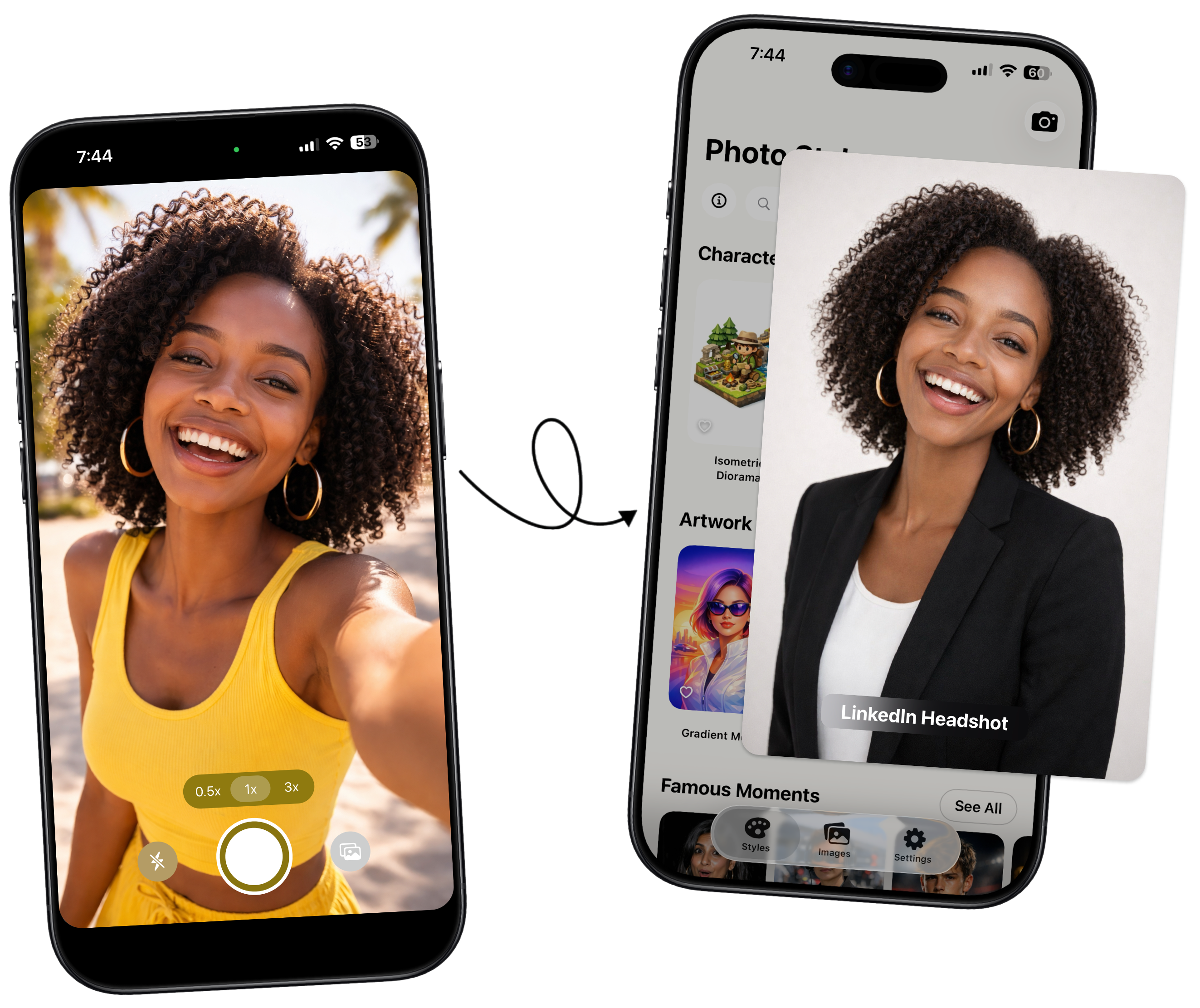 ImSpace app showing style selection and transformed images